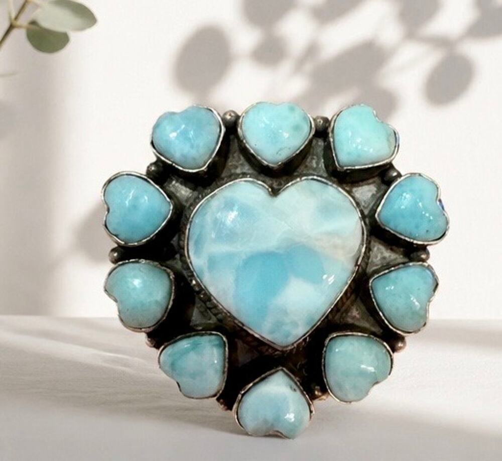 Statement Larimar Heart Ring Boho Oxidized Size 8 Sterling 925